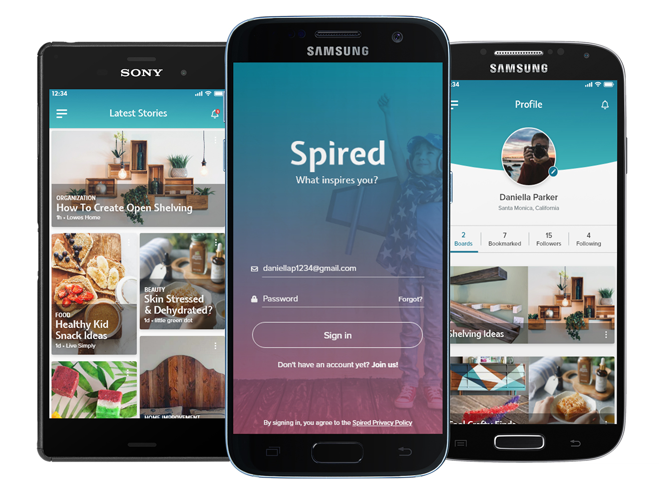 three phones displaying a mockup of the latest stories page, welcome page, and profile page